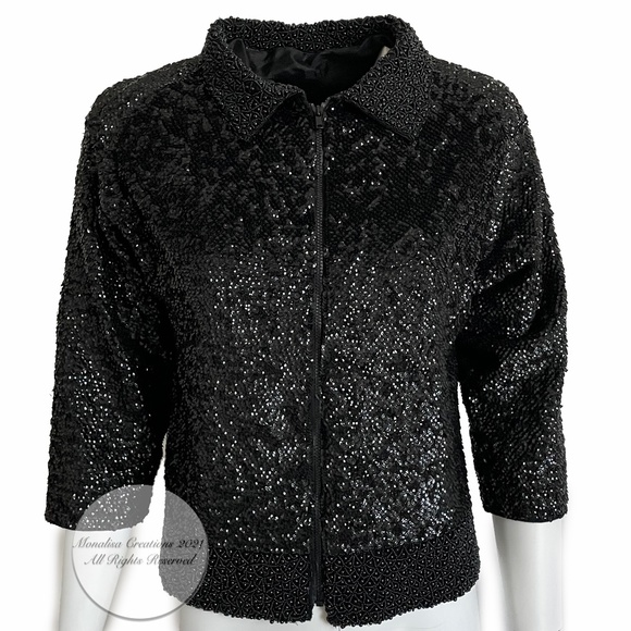 Black Silk Jacket Embellished Beaded Sequins Cocktail Evening Formal Vintage - Picture 1 of 6